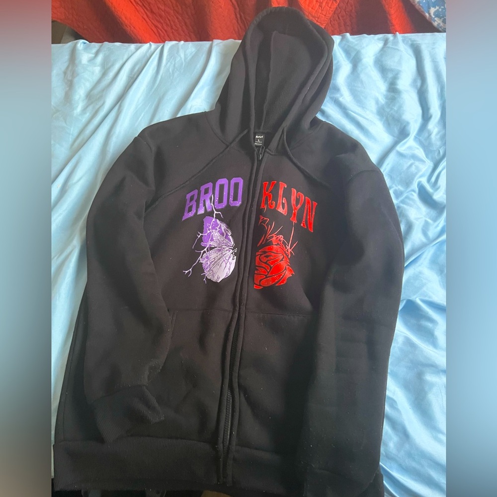 ROMWE guys letter & Butterfly print zip up drawstring Thermal Hoodie